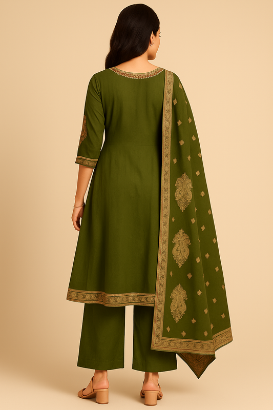 Olive Royale Three-Piece Anarkali Set