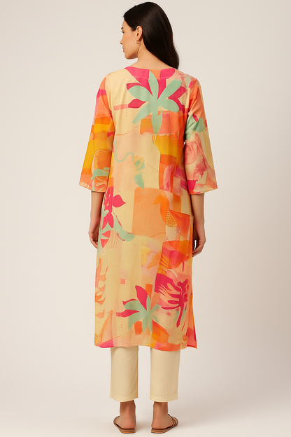 Sunset Bloom Printed Embroidered Kurta