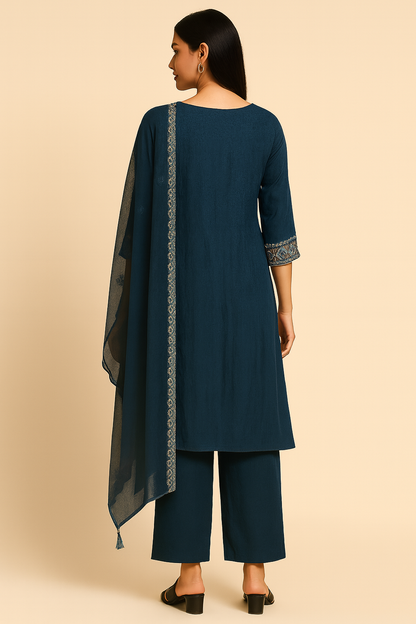 Midnight Teal Mirror Elegance Anarkali Set for Women