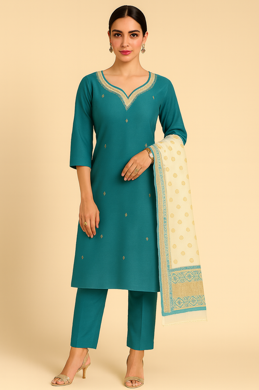Teal Elegance Embroidered Kurta Set with Jacquard Dupatta