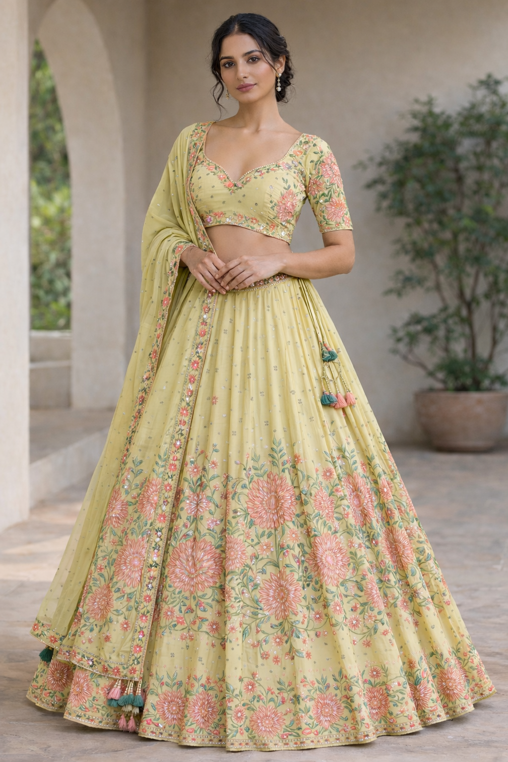 Pastel Lime Blossom Lehenga Set with Dupatta