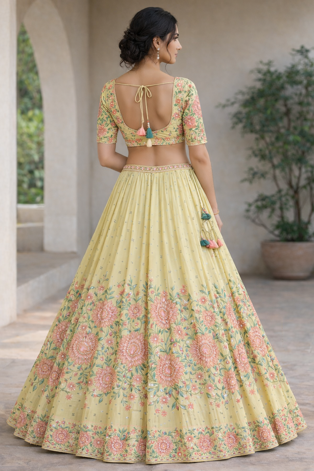 Pastel Lime Blossom Lehenga Set with Dupatta