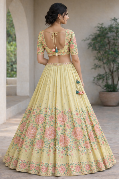 Pastel Lime Blossom Lehenga Set with Dupatta