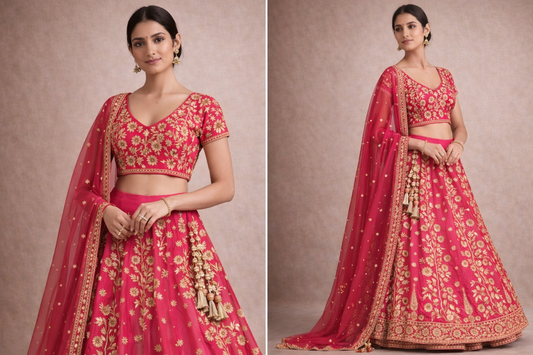 Royal Pink Floral Lehanga Choli Set (3-Piece)