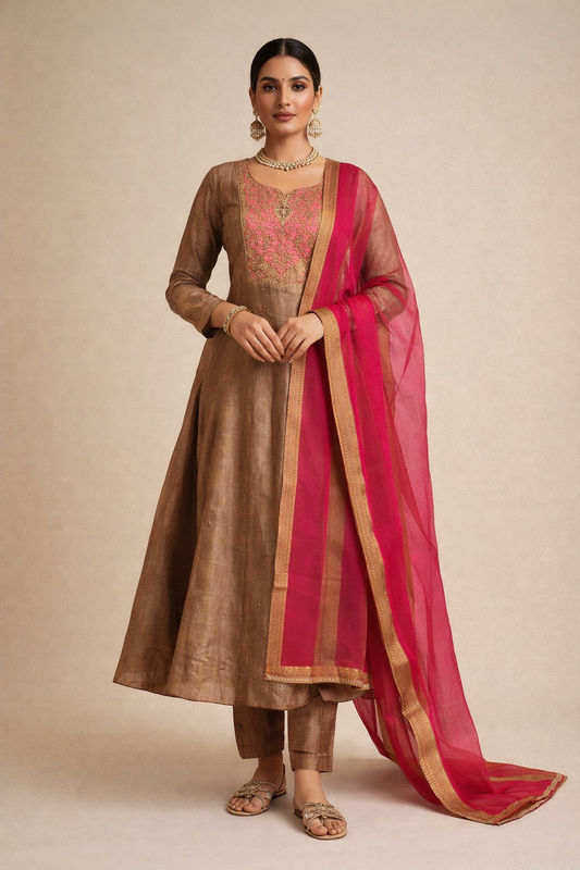 Mocha Bronze Anarkali Set with Fuchsia Dupatta (3-Piece)
