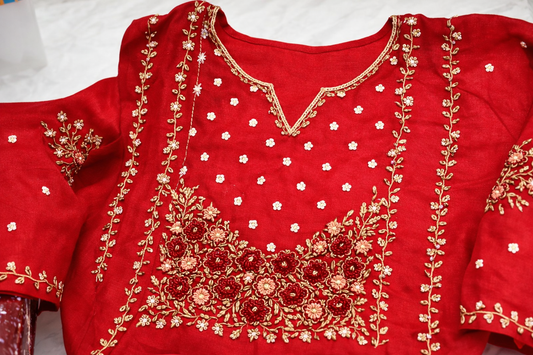 Crimson Red Embroidered Kurta Set with Straight Pants & Dupatta (3-Piece)