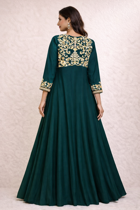 Emerald Green Embroidered Shrug Set with Crop Blouse & Flared Skirt (3-Piece)