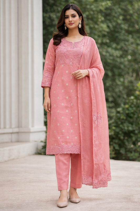 Ivory Blossom & dusty pink Embroidered 3-Piece Suit Set