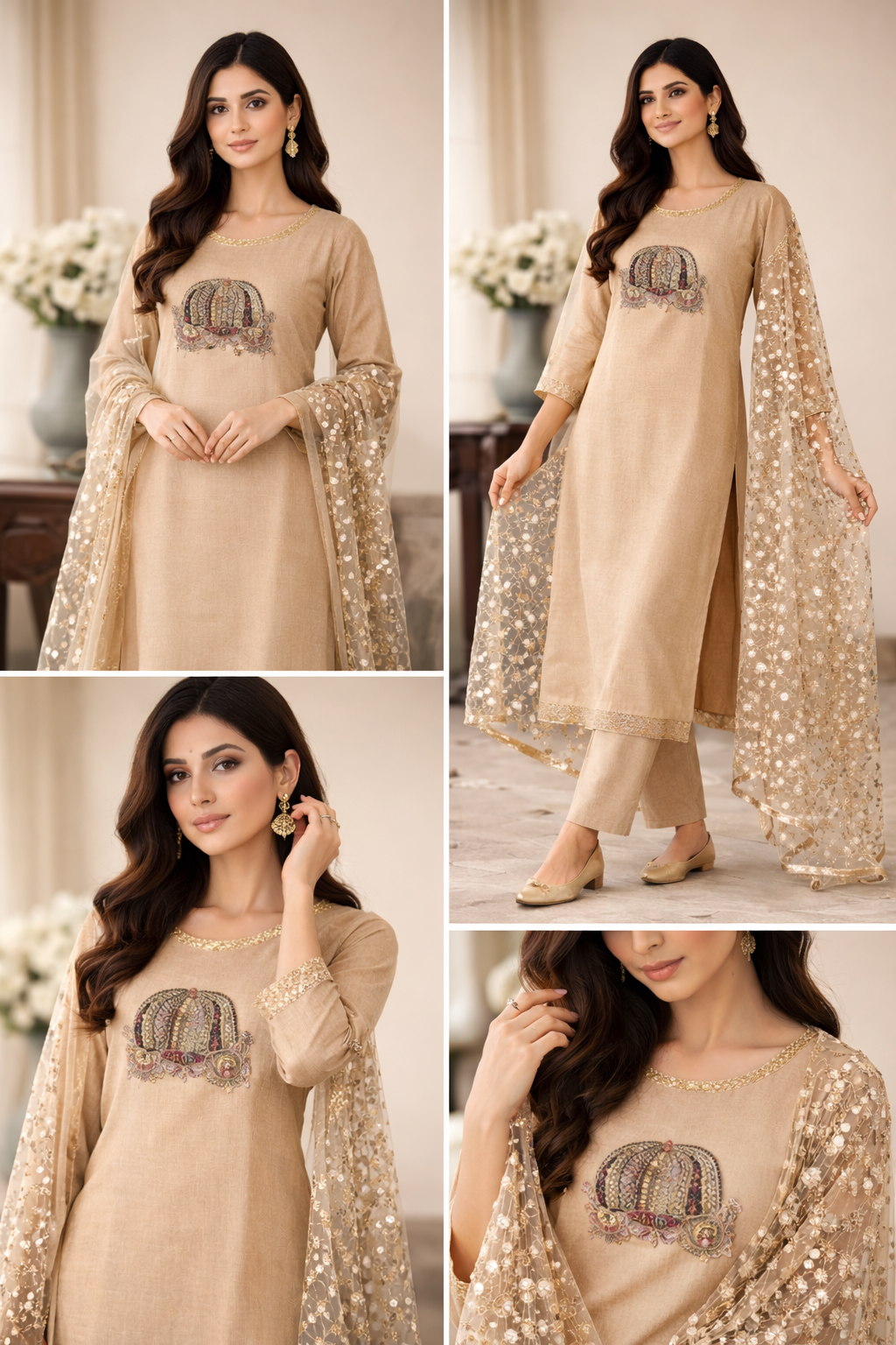 Woman wearing a beige traditional outfit with embroidered details in a collage.