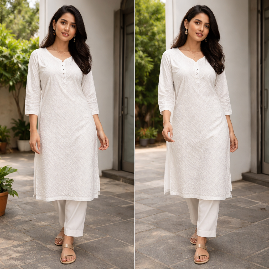 Woman wearing a white kurta with pants in an outdoor setting