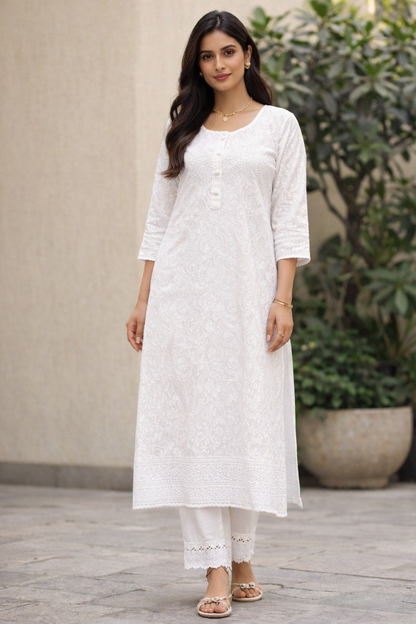 White Chikankari Straight Kurta for Women