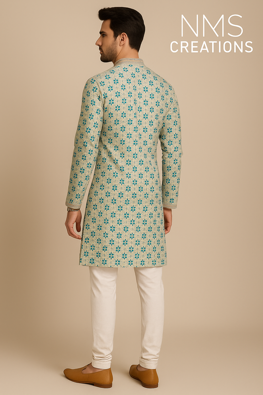 Ivory Blue Heritage Kurta Set | Code: 9108