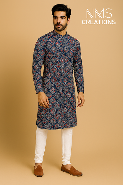 Men's Royal Mosaic Printed Cotton Kurta – Ethnic Wear for All-Day Comfort
