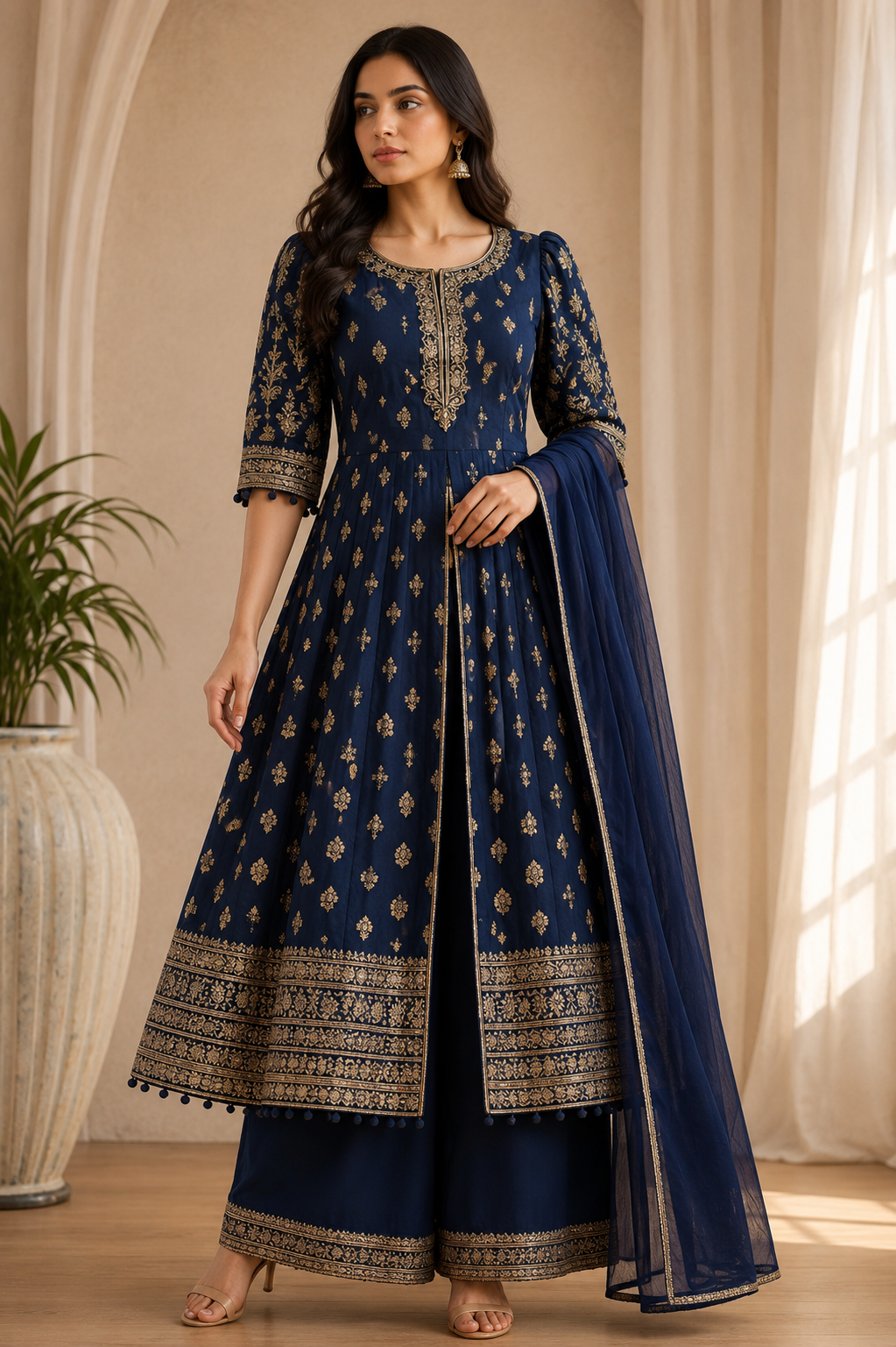 Royal Blue embroidered Anarkali suit set with palazzo pants and dupatta