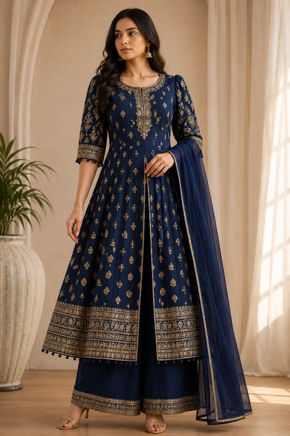 Royal blue embroidered Anarkali suit with palazzo pants and dupatta