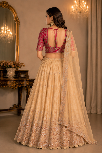 A woman shown from the back wearing a beige lehenga choli set with a deep red embroidered open back blouse and a sheer beige dupatta, posed in an elegant indoor setting with warm lighting.