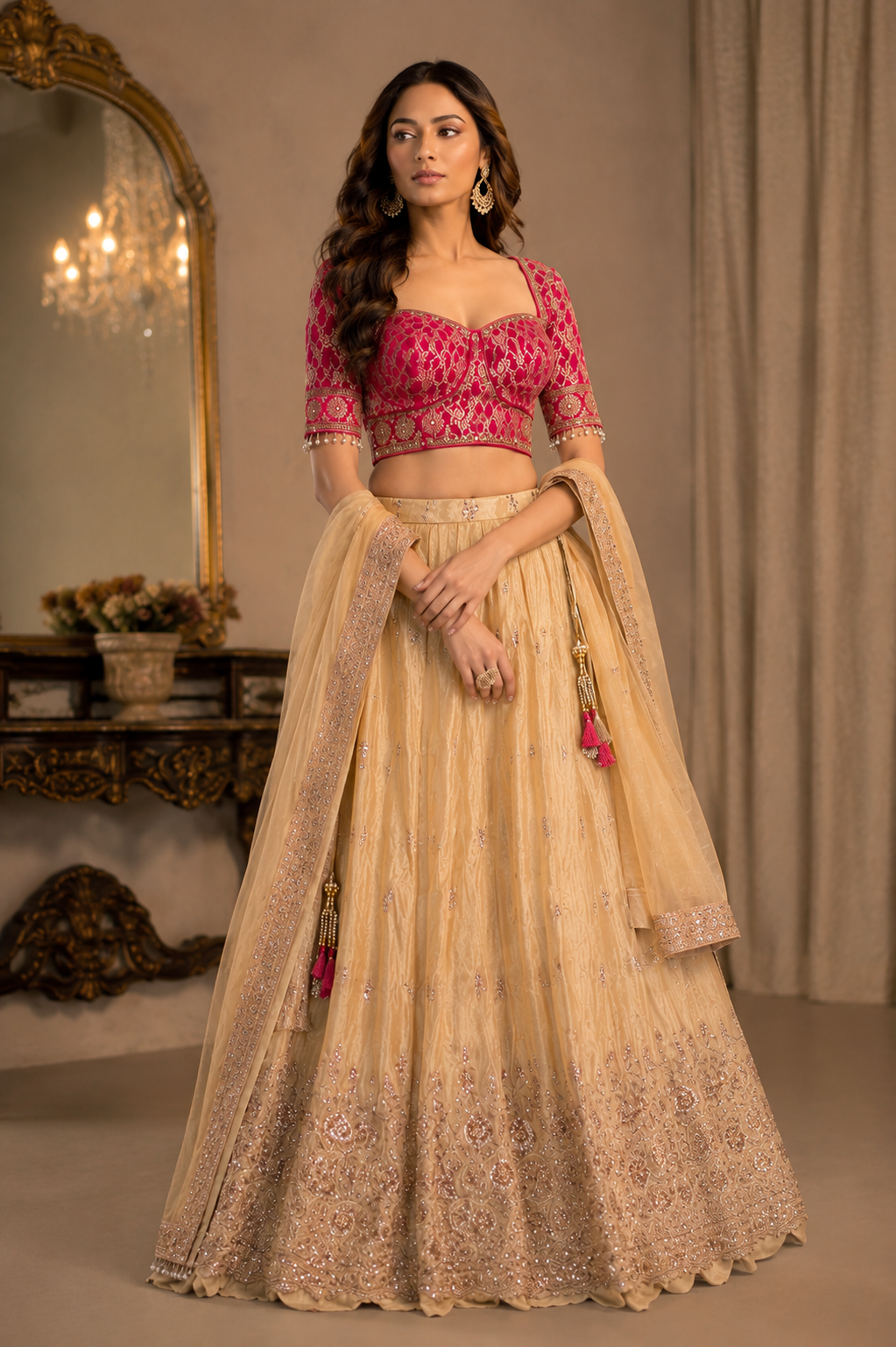 Maroon pink embroidered blouse with beige-gold lehenga and dupatta
