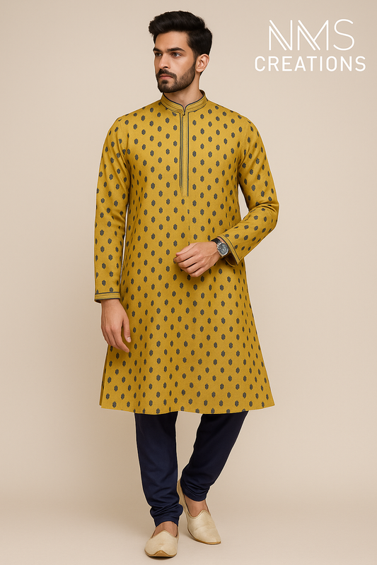 Yellow Golden Polka Kurta Set with Navy Churidar 9183