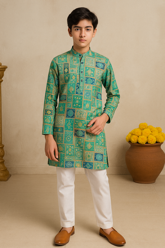 Royal Mosaic Green Print Boys Kurta Set 2533