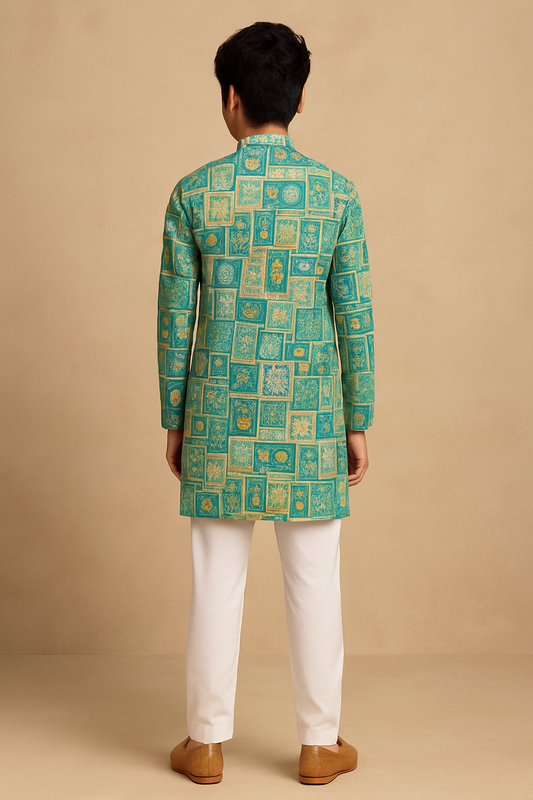 Royal Mosaic Green Print Boys Kurta Set 2533