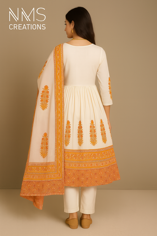 White Marigold Anarkali Set – 3 Piece (Code: NMS3827)