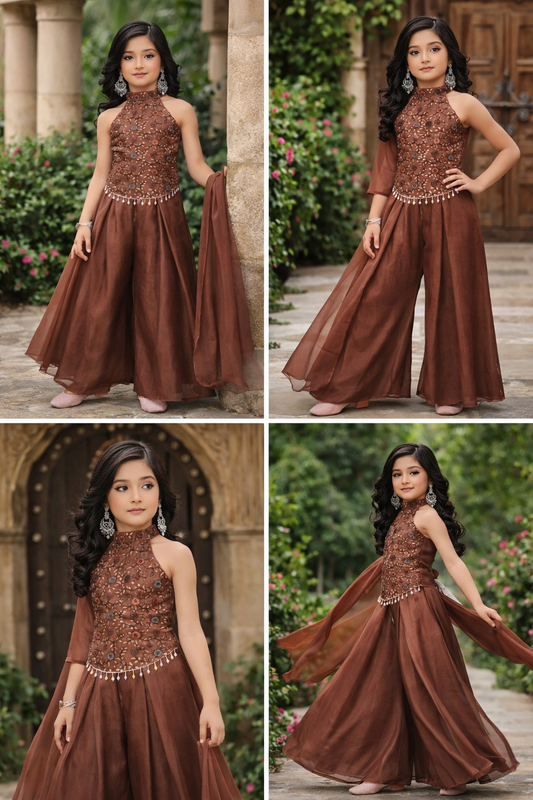 Girls Mocha Brown Embroidered Indo Western Set