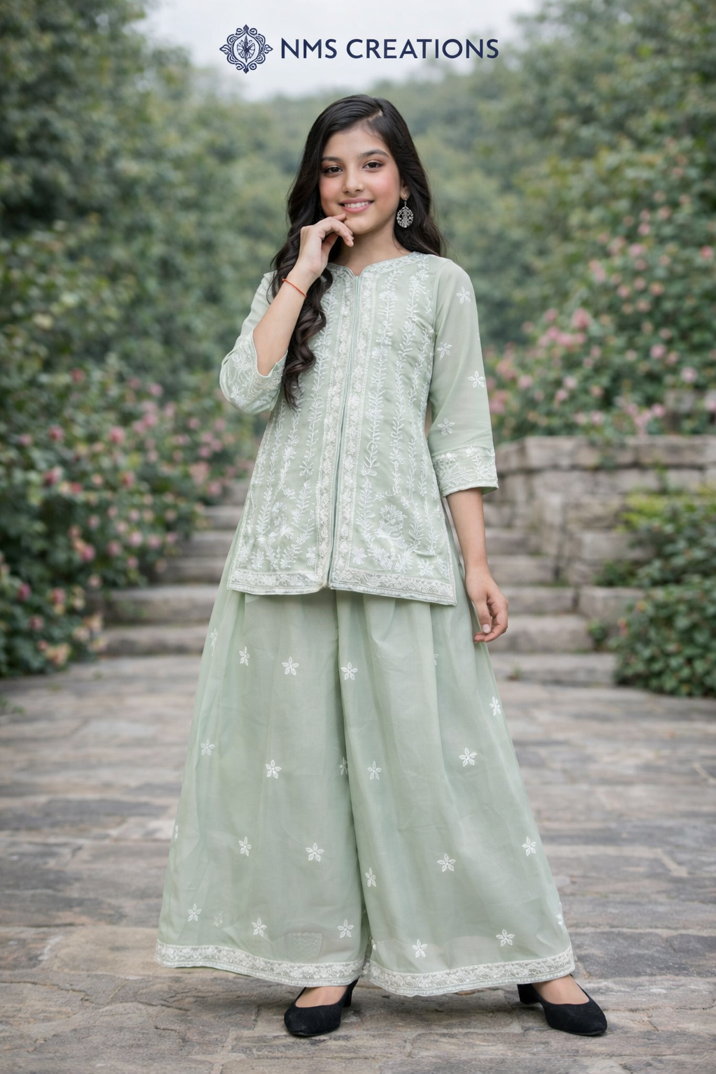 Girls Sage Green Embroidered Kurta Palazzo Set