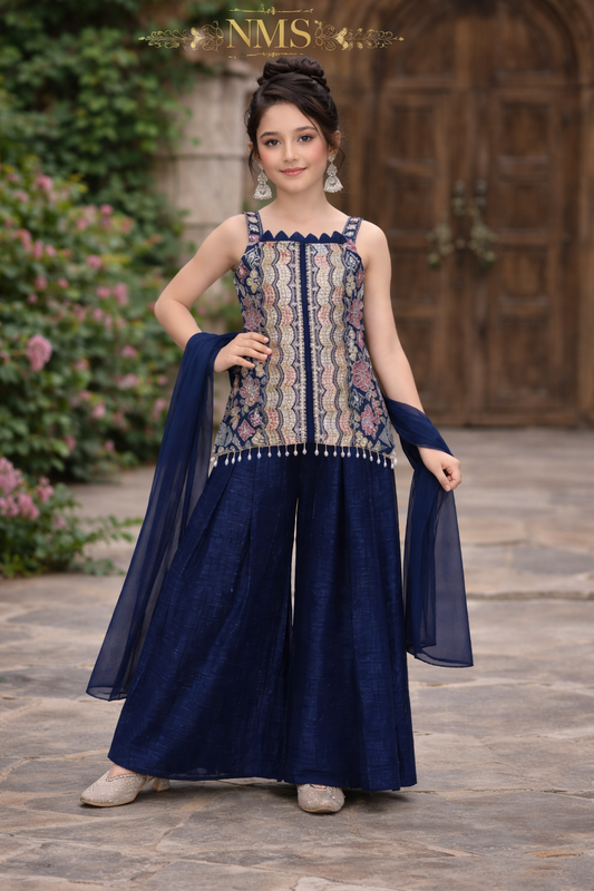 Girls Royal Blue Indo-Western 4-Piece Set