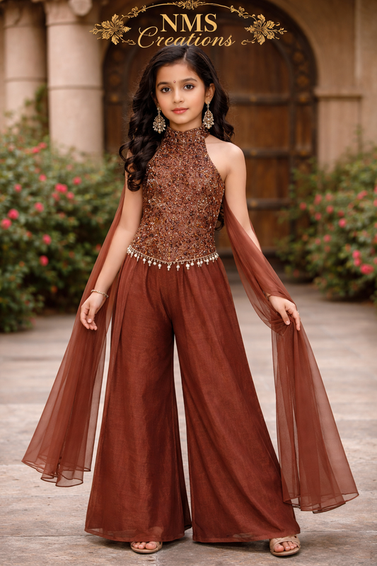 Girls Mocha Brown Embroidered Indo Western Set