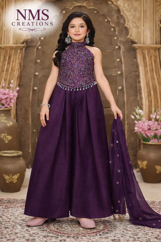Girls Royal Plum Embroidered Indo-Western Set