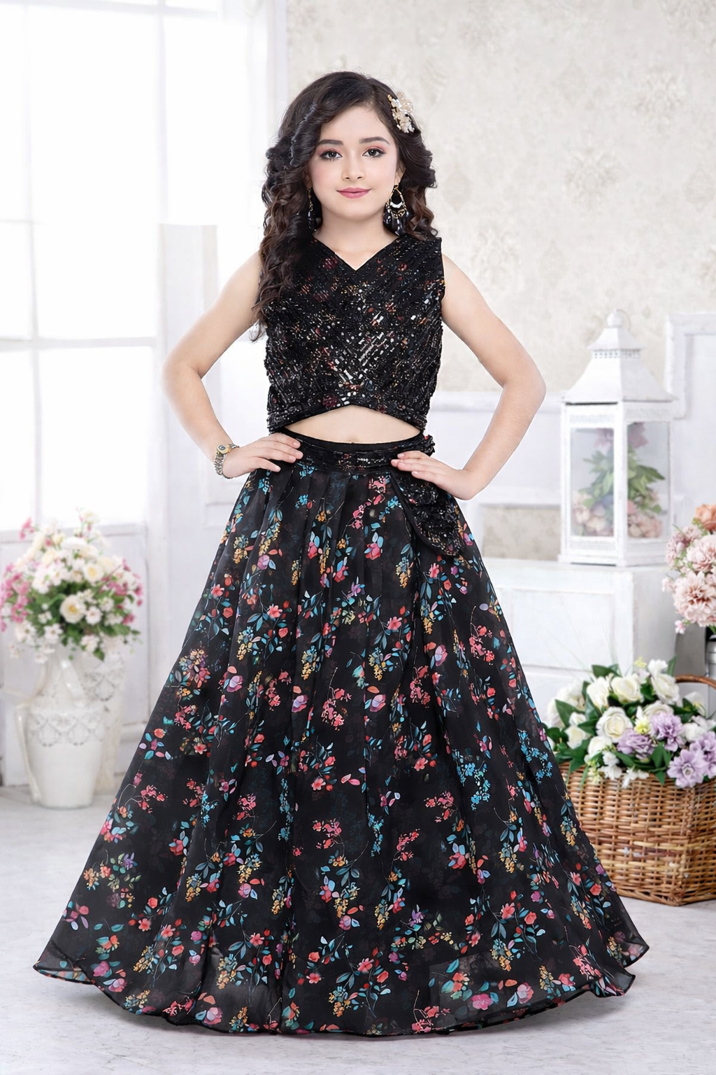 Girls Black Indo-Western Lehenga Set