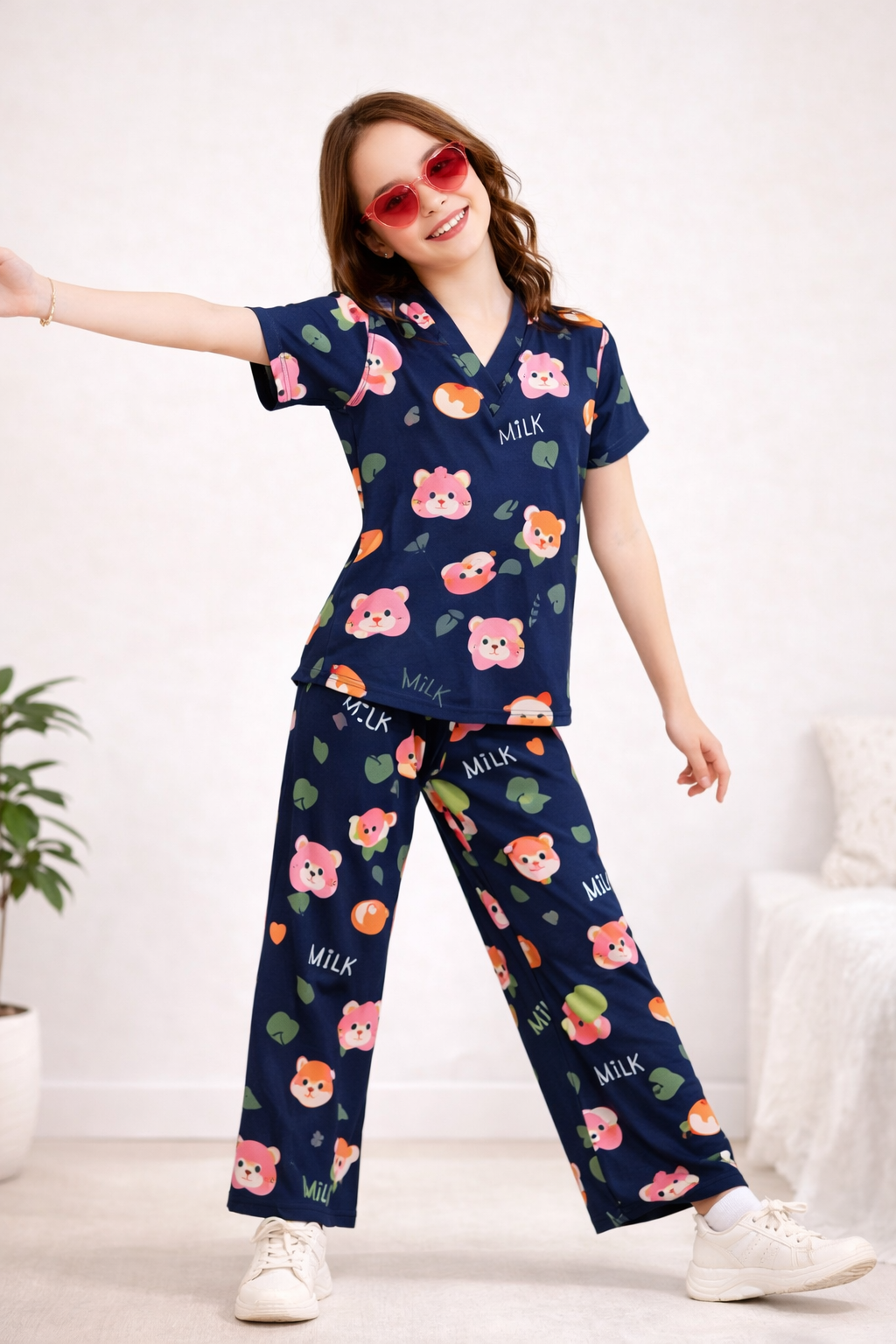 Girls Black Teddy Pyjama Set
