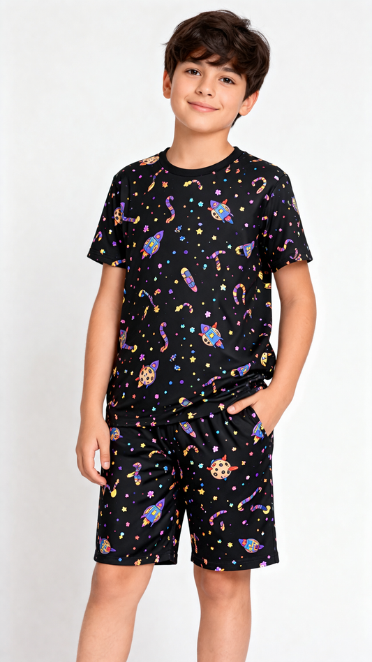 Boys classic black space print short night suit front view