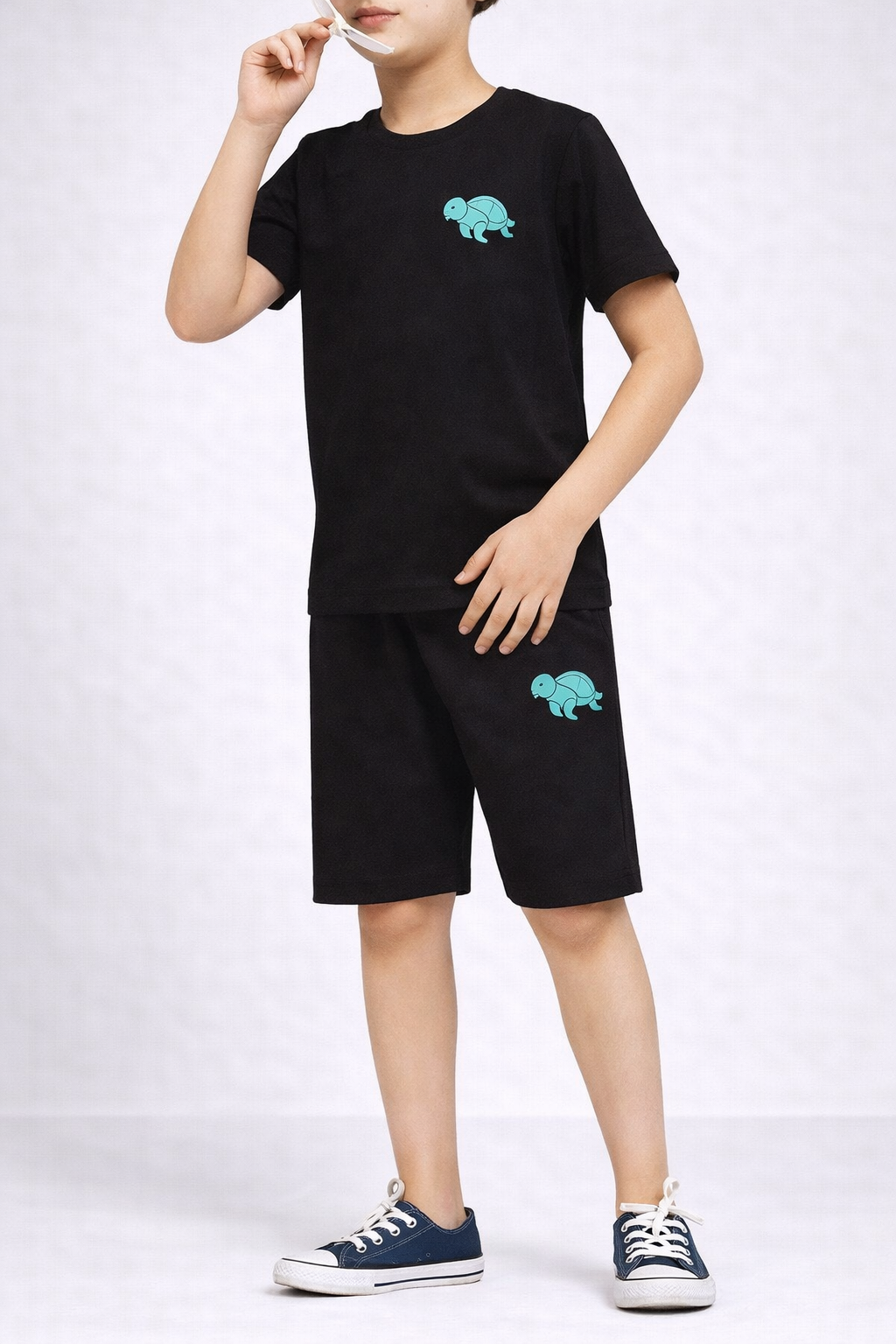 Boys royal black turtle motif short night suit front view