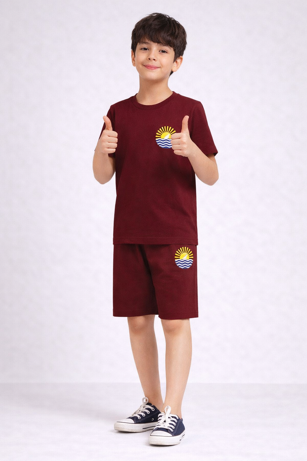 Boys rust maroon sunrise motif short night suit front view