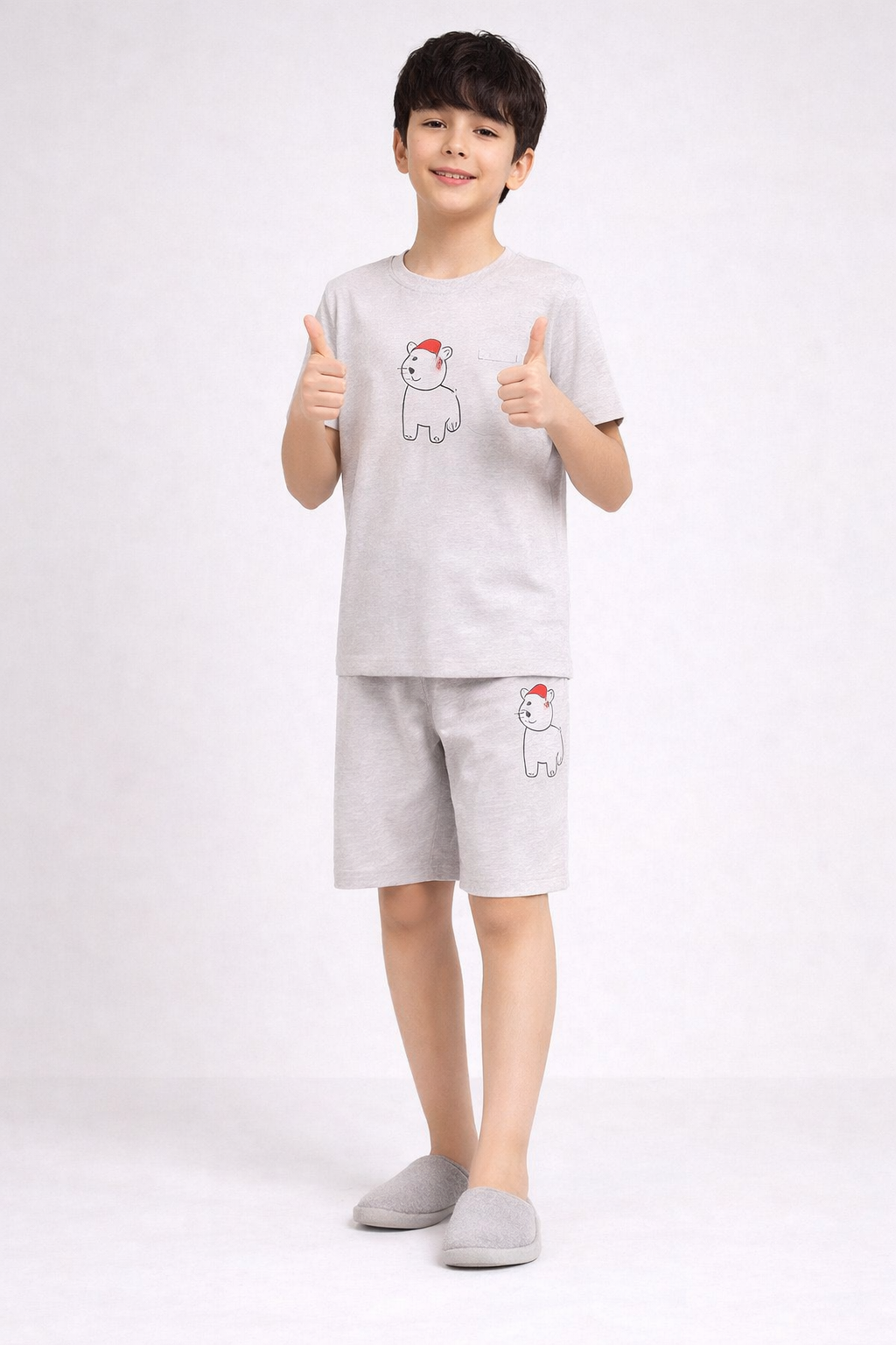 Boys silver grey cat motif short night suit front view
