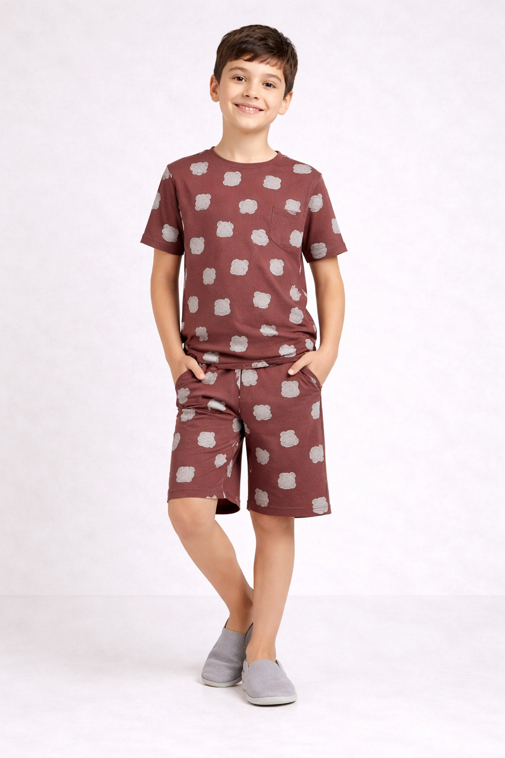 Boys rust brown teddy print short night suit front view
