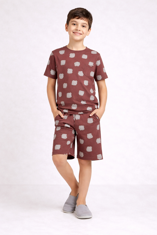 Boys rust brown teddy print short night suit front view