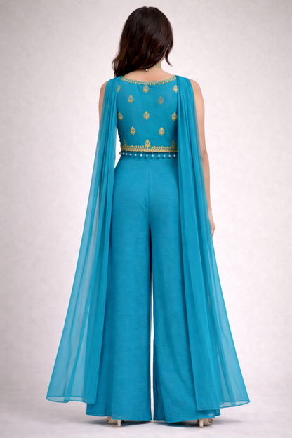Blue Embroidered Indo-Western Palazzo Set (3-Piece)