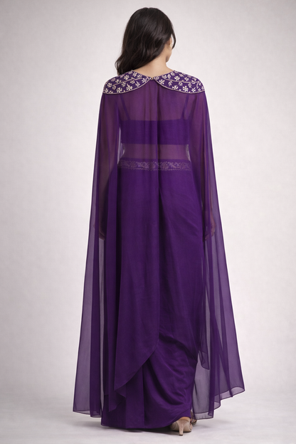 Dark Purple Embroidered Draped Skirt Set (3-Piece)