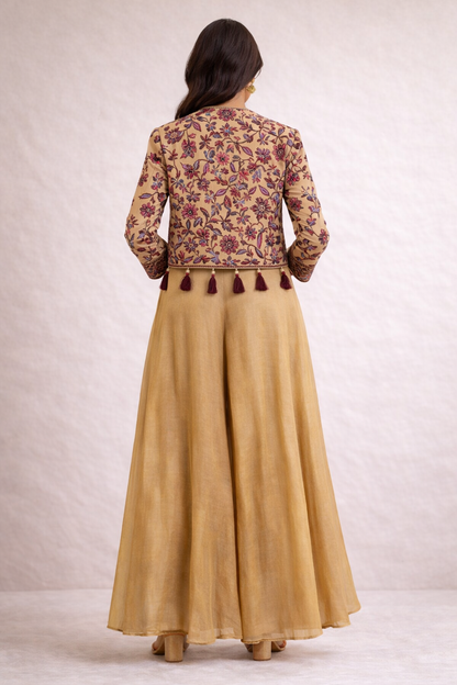 Ivory Beige Embroidered Indo-Western Set (3-Piece)