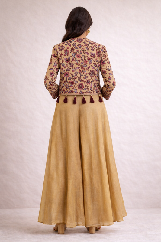 Ivory Beige Embroidered Indo-Western Set (3-Piece)