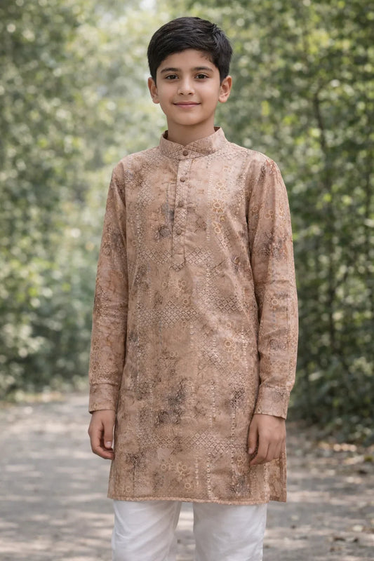 Boy wearing pastel peach woven festive kurta set front view
