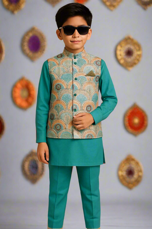 Boys Premium Cotton Kurta, Pyjama & Koti Set - Blue