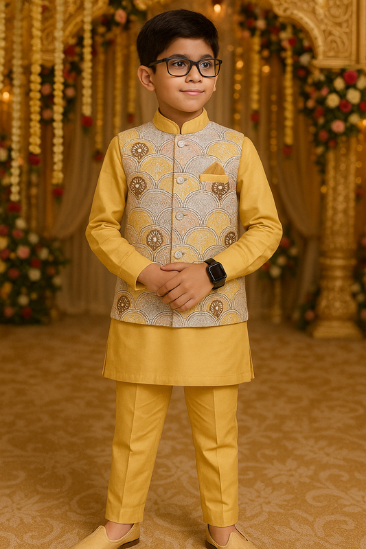 Boys Premium Cotton Kurta, Pyjama & Koti Set – Yellow