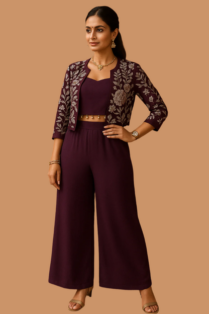 Royal Wine Embroidered Indo-Western Palazzo Set