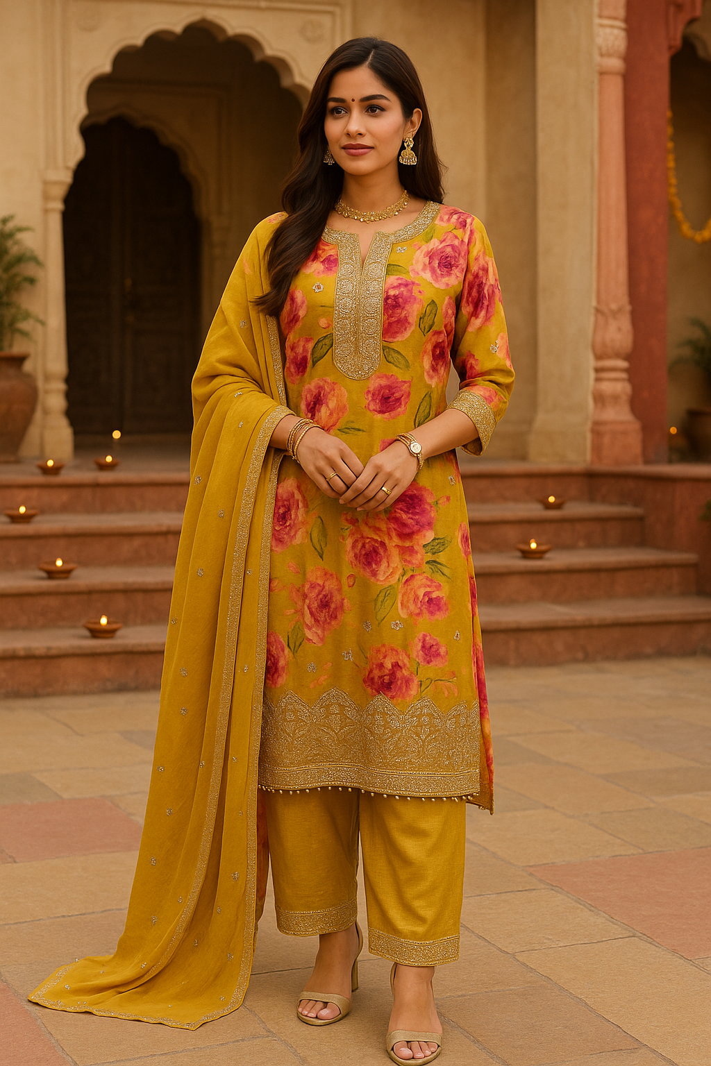 Floral Radiance: Mustard Rose Embroidered Kurti Set with Dupatta
