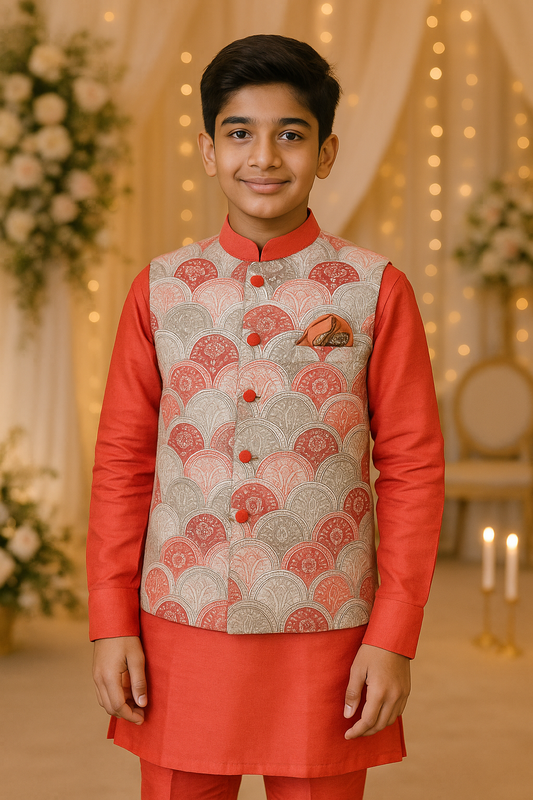 Boys Premium Cotton Kurta, Pyjama & Koti Set – Red