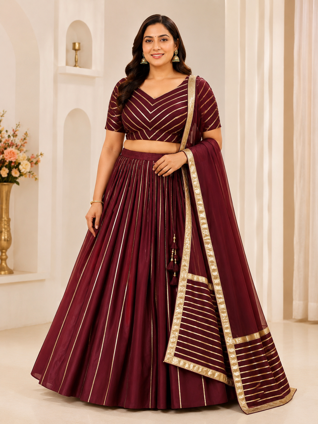 Woman wearing a maroon traditional outfit with gold accents in a well-lit room.