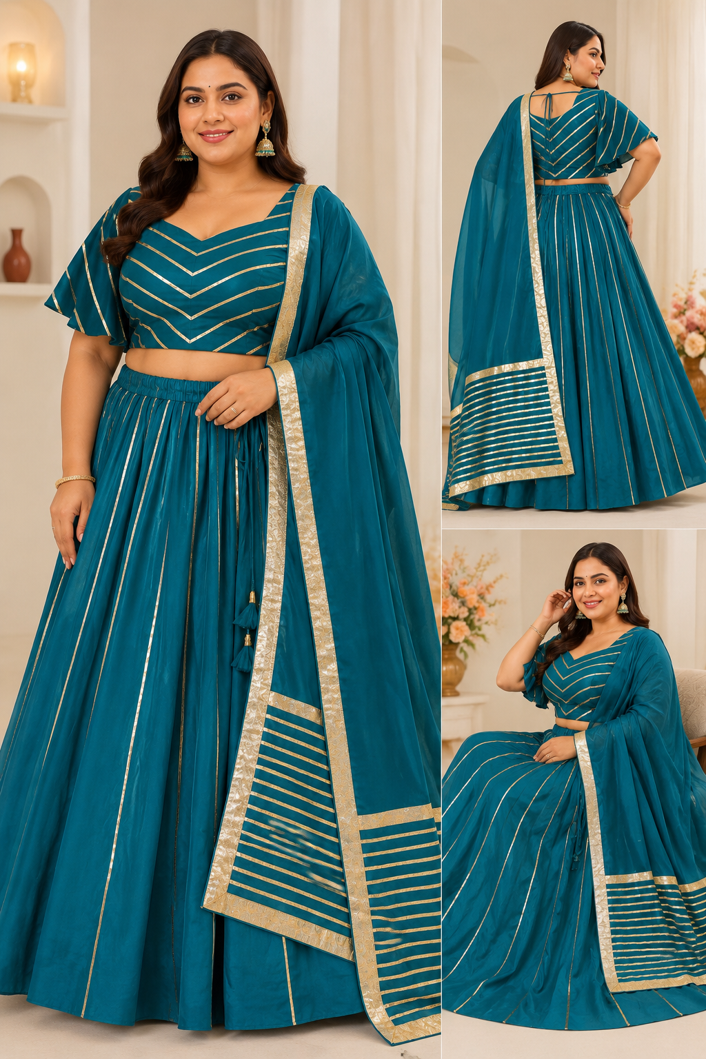 Woman wearing a teal traditional outfit with gold accents, posing indoors.